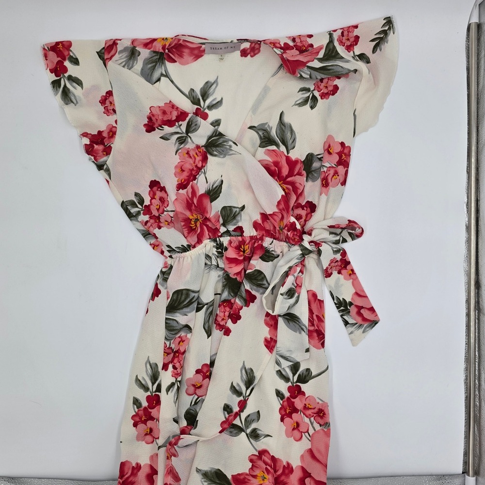 Dream of Me Floral Maxi Dress Womens Small‎ Cream Pink Faux Wrap High Low Ruffle